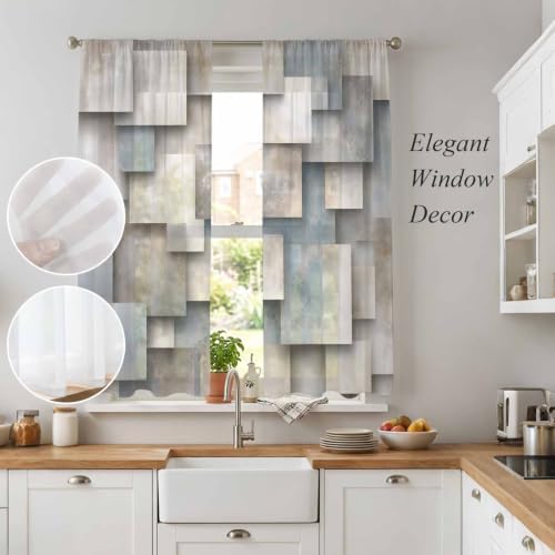 Abstract Block Window Sheer Curtain Minimalist Beige Gray Raised Stone