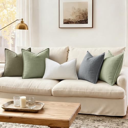 ANRODUO Decorative Linen Pillow Covers 22x22 Light Olive Green Pack of