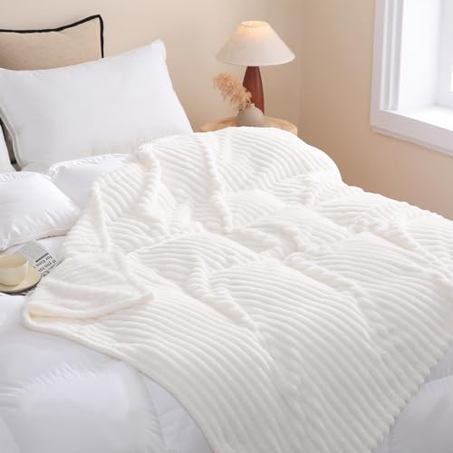Cream White Fleece Throw Blanket 108”×90” for Couch Sofa Livingroom
