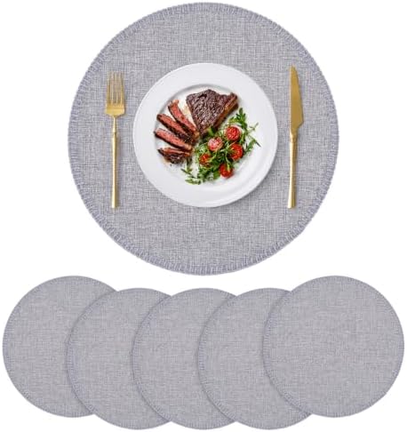 15" Round Placemats Set of 6, Faux Linen Cloth Place Mats, Grey