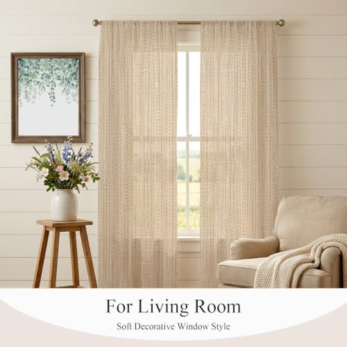 Semi Sheer Curtains 2 Panels 84 inches Long, Minimalist Light Khaki