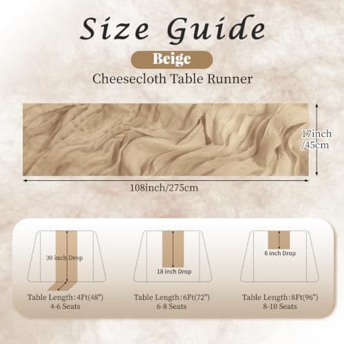 12 Pack Beige Cheesecloth Table Runner, Gauze Table Runners 17 x 108