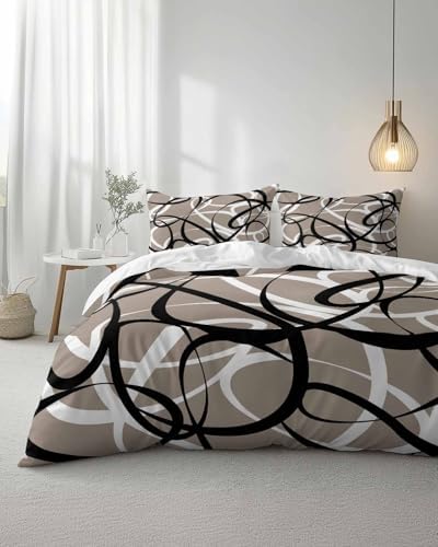Duvet Cover Set Queen, Abstract Stripe Black White on Gray 3 Piece