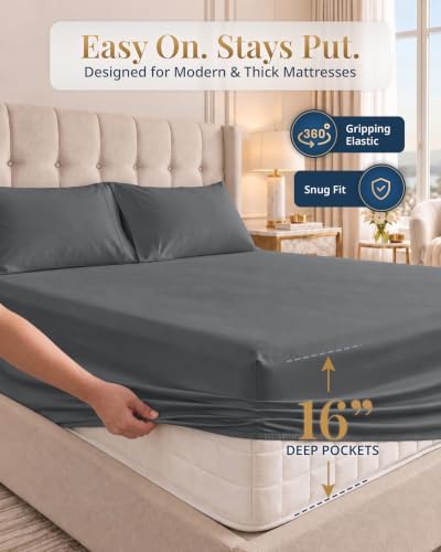 LANE LINEN King Size Sheets 100% Egyptian Cotton Sateen - Charcoal