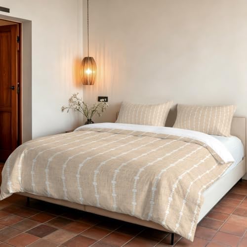 Beige Striped Duvet Cover Set 3 Pieces with Zipper Closure, Modern
