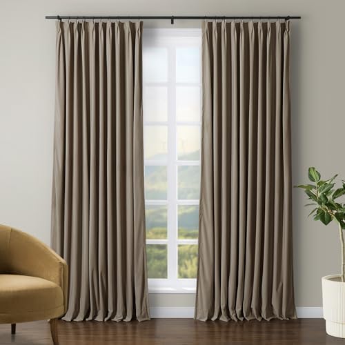 TWOPAGES Taupe Velvet Pinch Pleat Blackout Curtain,72Wx96L,1 Panel