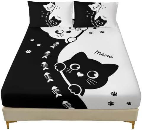 AILONEN Monochrome Feline Pair Fitted Sheet Set Twin XL, Fishbone