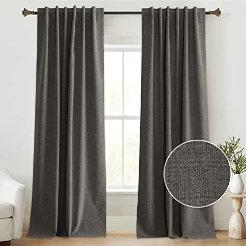 StangH Grey 100% Blackout Curtains 84 Inch Faux Linen Drapes, 2 Panels