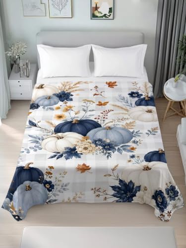 Cal King Size Flat Sheet Only, Thanksgiving Fall Pumpkin Flower Bed