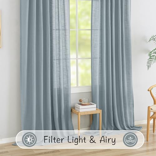 DONREN Stone Blue Linen Back Tab Curtains 96 Inches Long 2 Panels Set