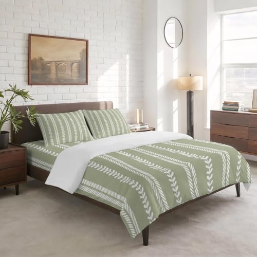 Leaf Stripes California King 4 Piece Duvet Cover Set, Botanical Rustic