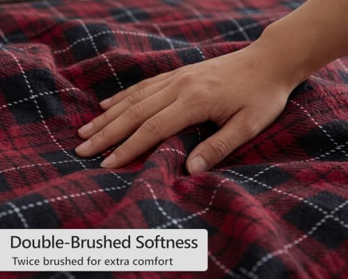 ZOYER 100% Cotton Flannel Sheets King Size, 4 PCs, Red Buffalo Check