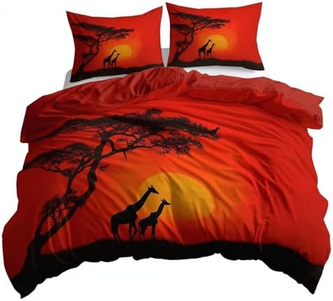 California King Duvet Cover Set African Sunset Giraffes Bedding with