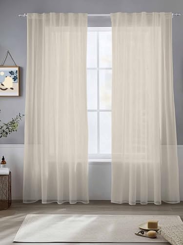 Beige Sheer Curtains 108 Inch Long, White Swan Solid Color Light