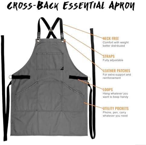Under NY Sky Work Apron, Cross-Back, Leather Support, Pro Twill, Gray