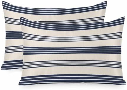 Navy Blue Striped Pillow Cases Queen Size Set of 2, Modern Geometric