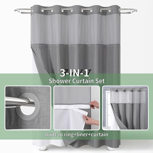 eachope No Hook Slub Textured Shower Curtain with Snap in