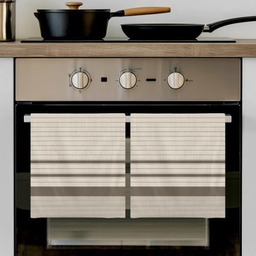 Brown Beige Striped Kitchen Towels Set of 3, Water Absorbent Dish