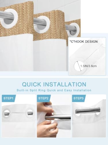 No Hook Shower Curtain, Sand Beige Long Bathtub Curtains with Snap in