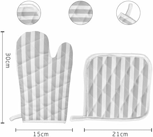 Oven Mitts and Pot Holder Set for Kitchen, Grey White Stripe 12 Inch