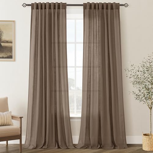 Chocolate Brown Linen Curtain 96 inch Length 2 Panels Set Back Tab