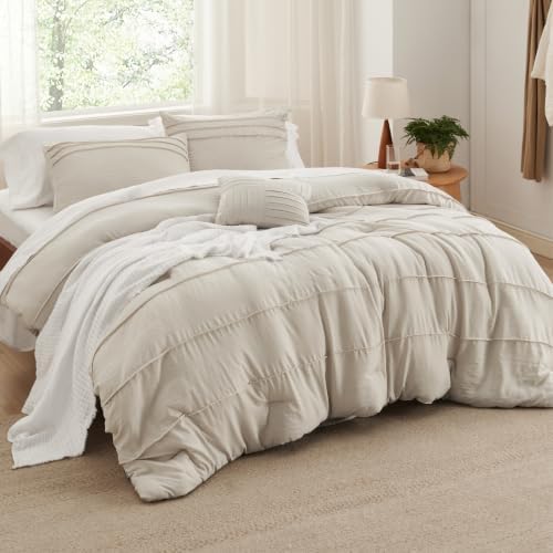 Bedsure Queen Comforter Set 4 Piece, Beige Boho, Pinch Pleat