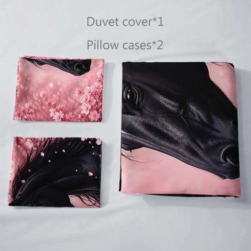 AILONEN Black Horse Duvet Cover Set King, Pink Petal Botanical 3-Piece
