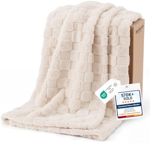 Bedsure Checkered Fleece Throw Blankets for Bed/Couch, Cream,50"×70"