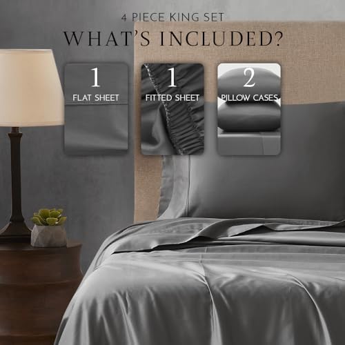 Linen Closet 4 Pcs 100% Cotton King Size Sheets Set, Charcoal Grey