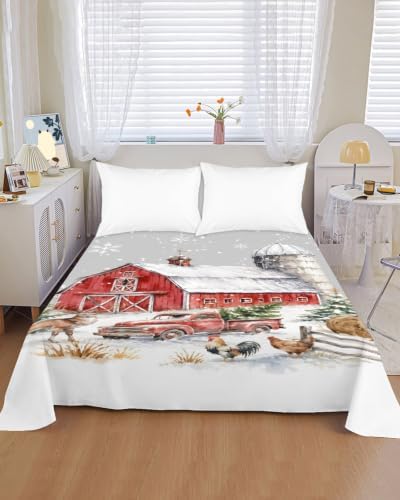 Cal King Size Flat Sheet Only, Farm Barn Christmas Tree on Gray Bed