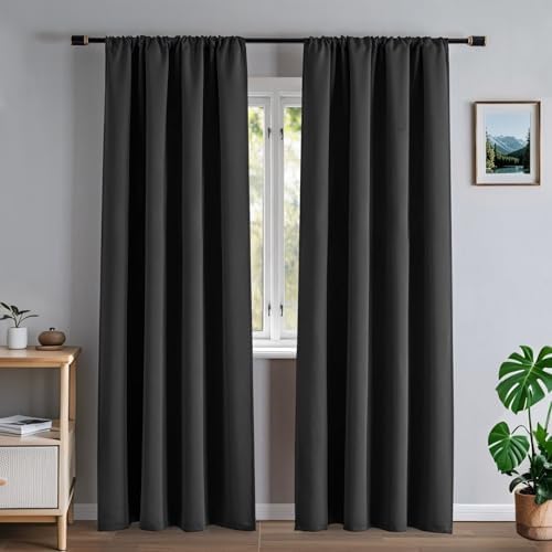 100% Blackout Curtains 108 Faux Linen (W52 x L108, Charcoal Gray)