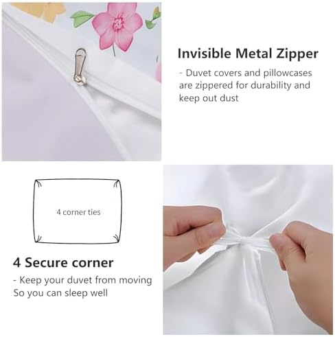 Duvet Cover King, Minimalist Cute Flowers Plants Leaves Bedding Set