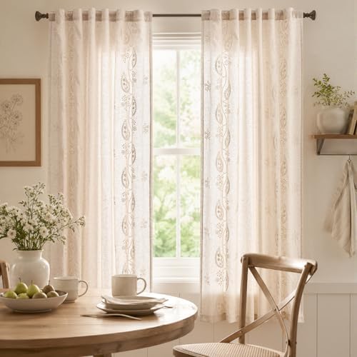 jinchan Linen Curtains 63 Inch Ivory Floral Drapes Back Tab 2 Panels