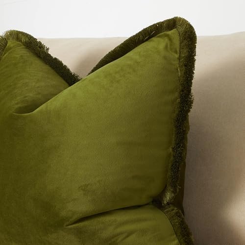 JUSPURBET Olive Green Decorative Velvet Fringe Throw Pillow Covers