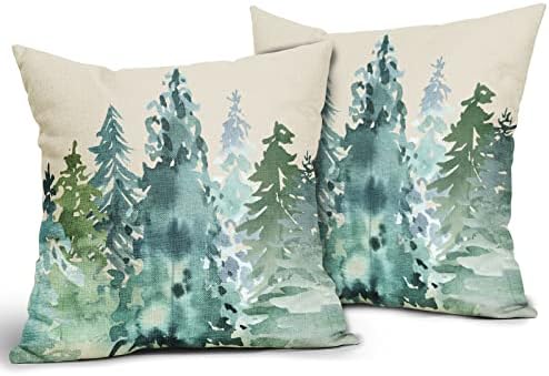 Watercolor Blue Green Tree Pillow Covers 22x22 Set of 2 Rustic Style