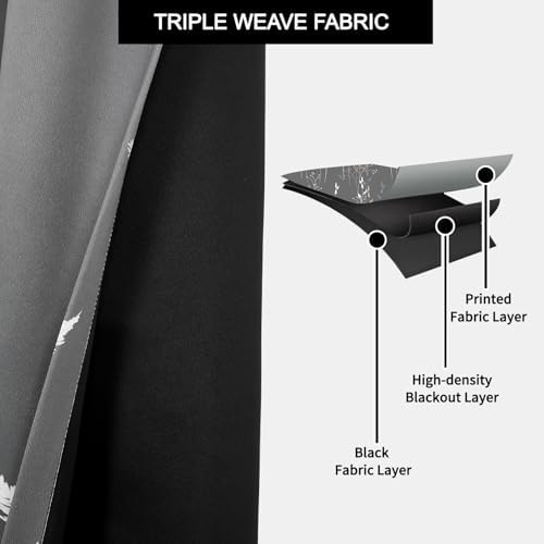 Gray Leaves Blackout Curtains 63 Inch Length, Room Darkening Curtains