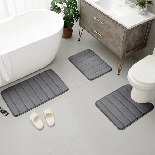 3 Piece Velvet Memory Foam Bathroom Rug Set, Extra Soft Water