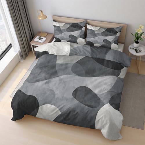 Grey Geometric Duvet Cover Queen, Modern Abstract Bedding Set 3 Piece