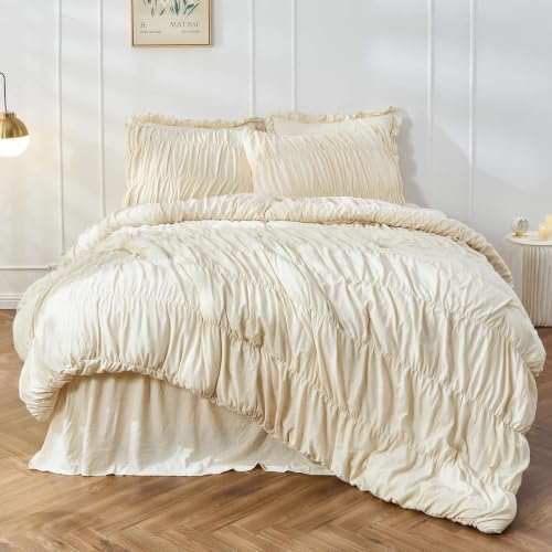 3 Piece Ruched Duvet Cover Set, Soft Microfiber Boho Textured Bedding