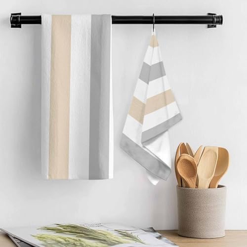 Beige Grey Stripe Kitchen Towels Set of 3 Classic Modern Geometric