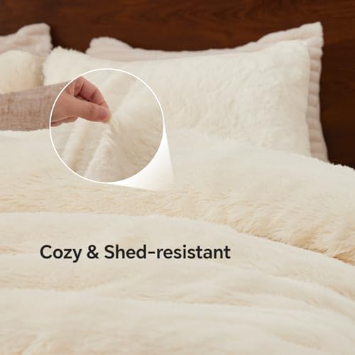 BEDELITE Cream White Fluffy Comforter Set King, Fuzzy Faux Fur