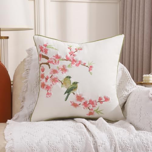 Holibeat Embroidered Flower Birds Throw Pillow Covers Spring