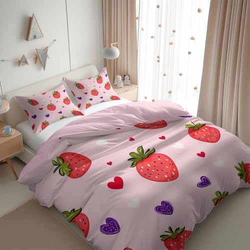 King Duvet Cover Set Fruit Strawberry Heart Pattern Bedding with