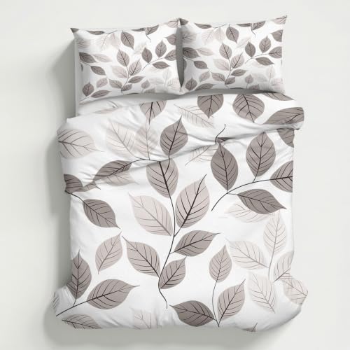 Grey Leaf Bedding King Duvet Cover, Modern Botanical Bedroom Decor