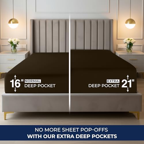 Extra Deep Pocket Queen Fitted Sheet, Fits 16-21 Inch Mattress, Brown