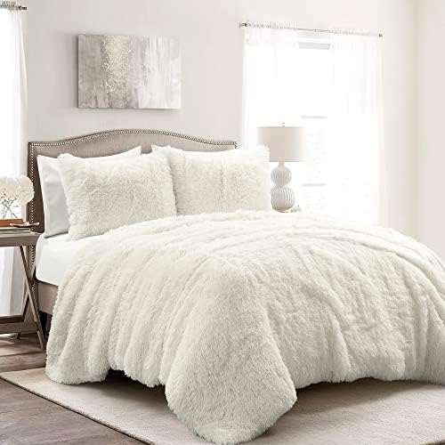 Lush Decor Emma Faux Fur Comforter King Size 3 Piece Set Ivory - Cream