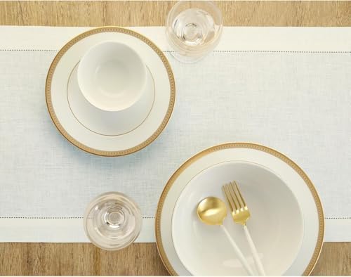 Solino Home 100% Linen Table Runner Ivory, Classic Hemstitch