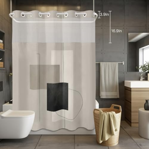 No Hook Geometric Abstract Shower Curtain with Snap in Liner Set, Grey