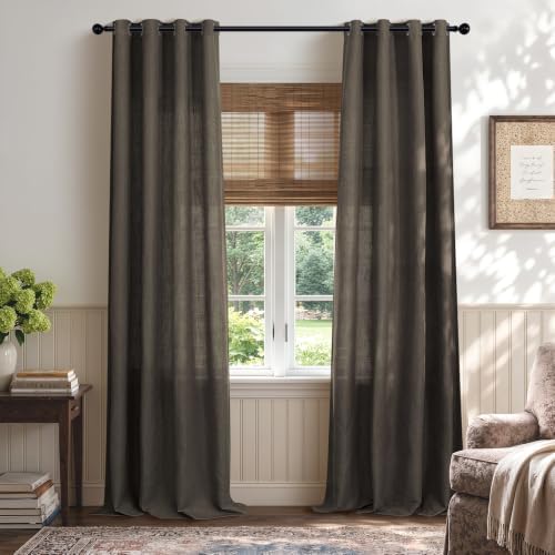 Pitalk Dark Brown Linen Curtains Grommet 96 Inches Long 2 Panel Semi