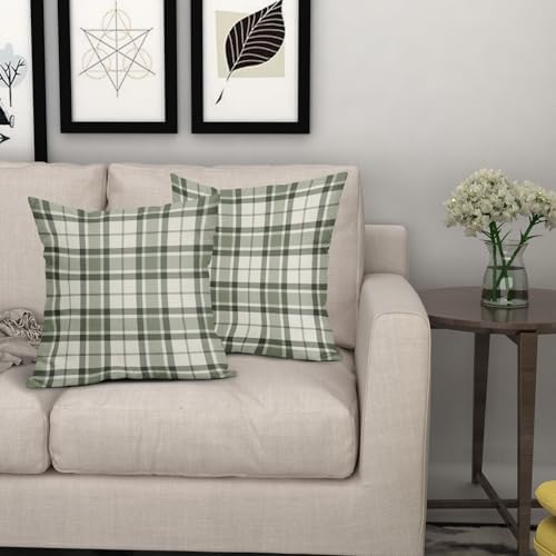 Sage Green Plaid Pillow Covers 18x18 Set of 2 Grey Cream Buffalo Plaid
